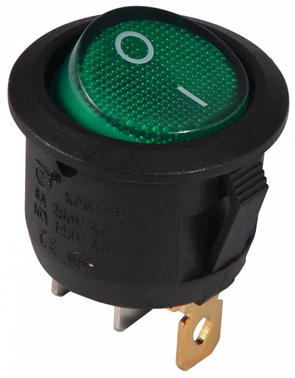 Перемикач круглий АСКО-Укрем KCD1-5-101N GR/B 1 клавіша 1NO з підсвічуванням 23 мм 220 V Зелений неон (A0140040072)
