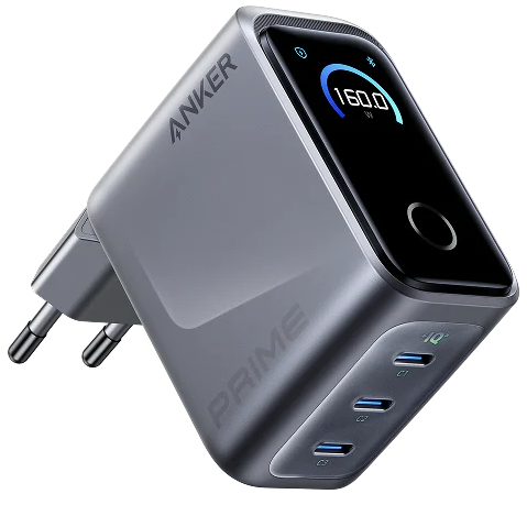 Зарядний пристрій мережевий Anker GaN Prime Charger 160W 3xUSB-C PD3.1 w Display Silver (UG-A2687341)