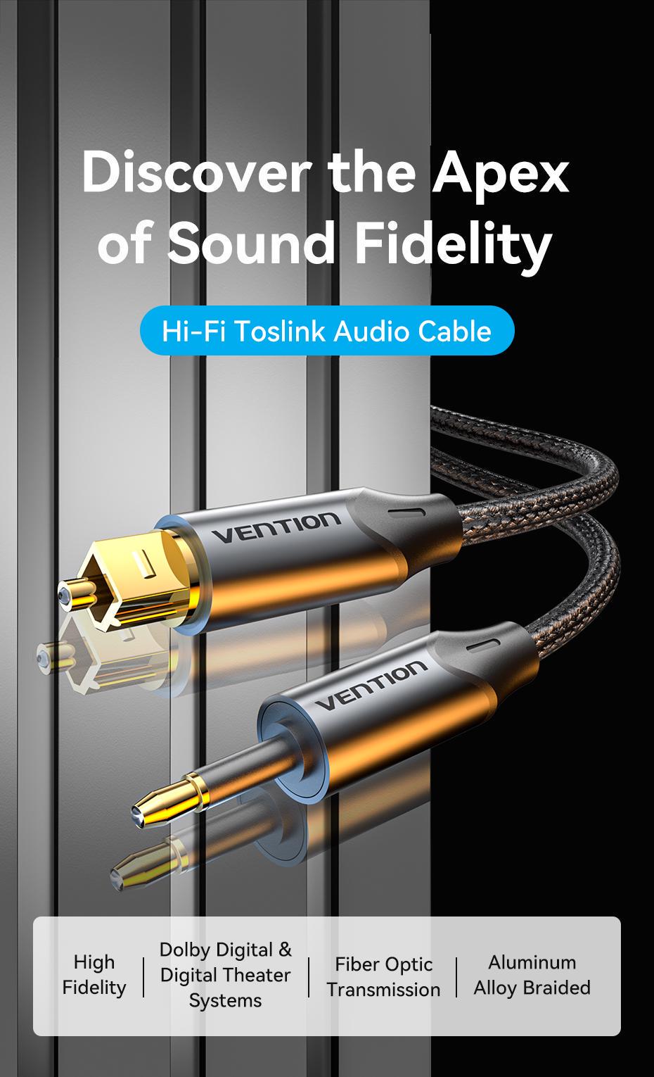 АудіоКабель Vention оптичний Toslink на Mini Toslink позолочені роз'єми Dolby DTS 0,5 м Чорний (BKCBD) - фото 2 АудіоКабель Vention оптичний Toslink на Mini Toslink позолочені роз'єми Dolby DTS 0,5 м Чорний (BKCBD) - фото 2