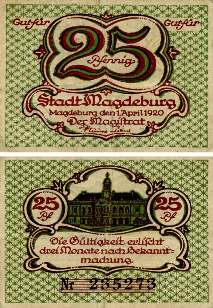 Коллекционная банкнота Германия Нотгельд 25 пфеннигов 1920 F-VF Магдебург (Б18542)