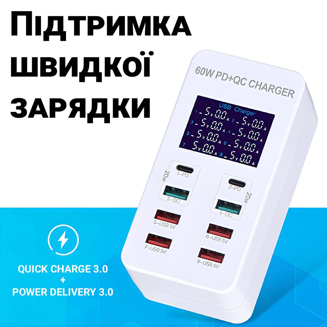 Пристрій зарядний Addap WLX-A8T на 8 роз'ємів 2 Type-C/6 USB-A із підтримкою PD 3.0 та QC 3.0 швидкої зарядки - фото 6