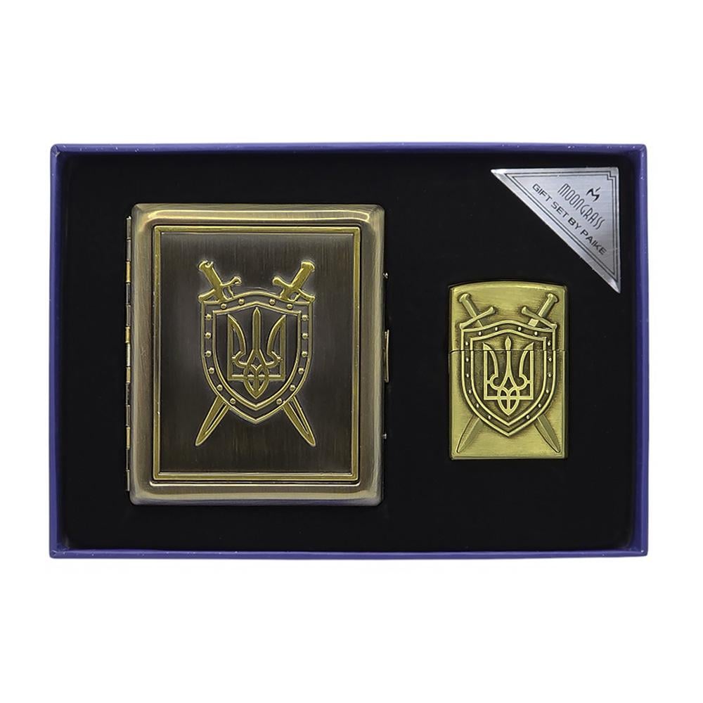 Подарунковий набір портсигар та газова запальничка Тризуб на щиті (ПА-73)