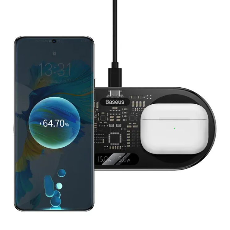 Зарядний пристрій BASEUS Digital LED Display 2in1 Wireless Charger з технологією Qi 20W Чорний (WXSX010101) - фото 2