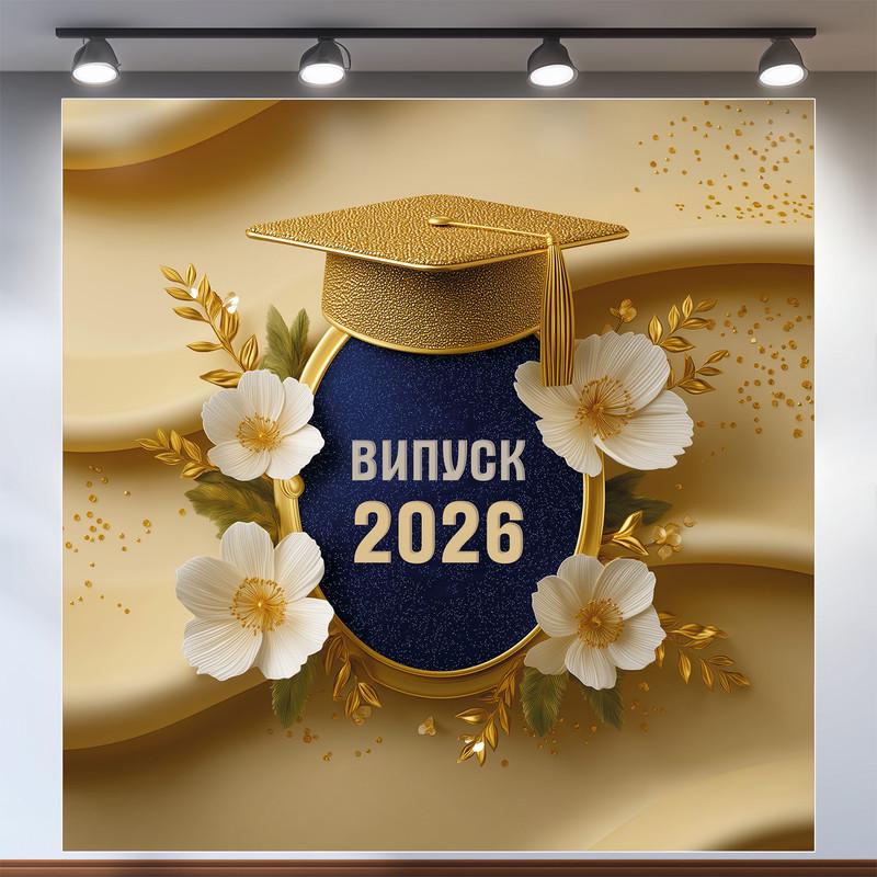 Баннер для фотозоны "Випуск 2026" золотистый с белыми цветами и академической шапкой фотозона 160x160 см №41076