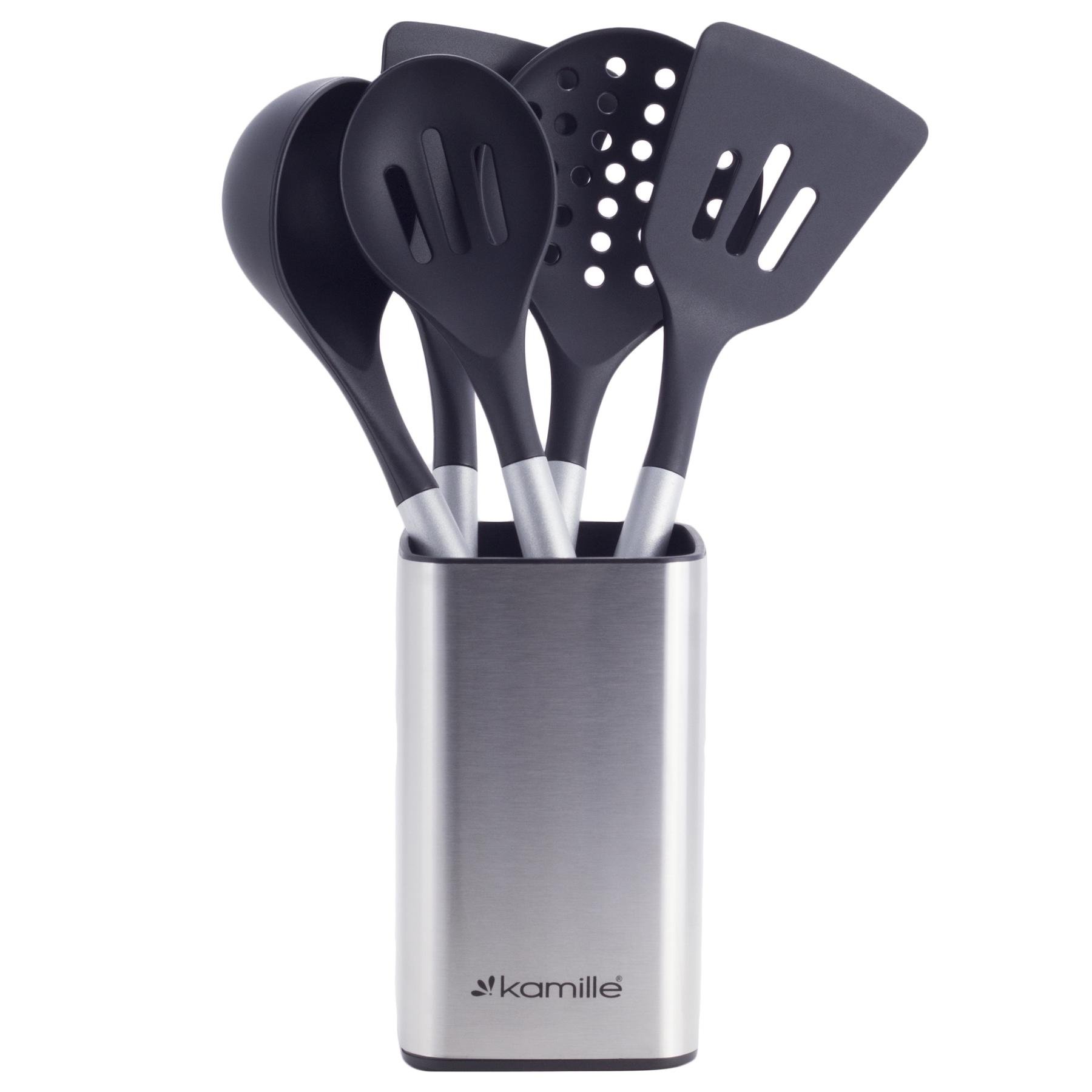 Комплект настольных кухонных принадлежностей Kamille KM-5238 нейлоновый на 6 предметов с подставкой из нержавеющей стали Черно-серый (124-84-5238)