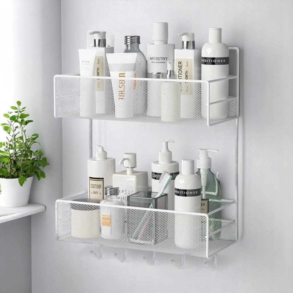 Полиця настінна навісна з 5 гачками двоярусна M 26х13х42, 5 см Білий