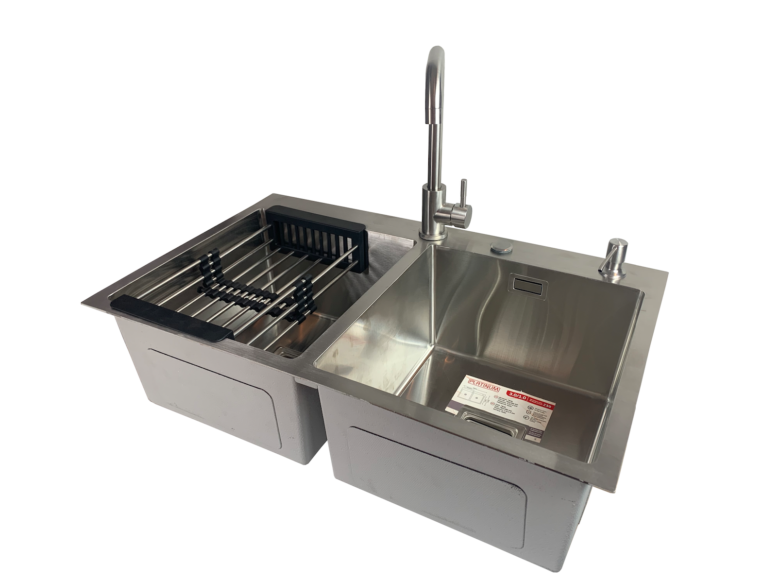 Мойка кухонная Platinum Handmade 78x48 см две чаши/корзина/дозатор/смеситель (eec797c1)
