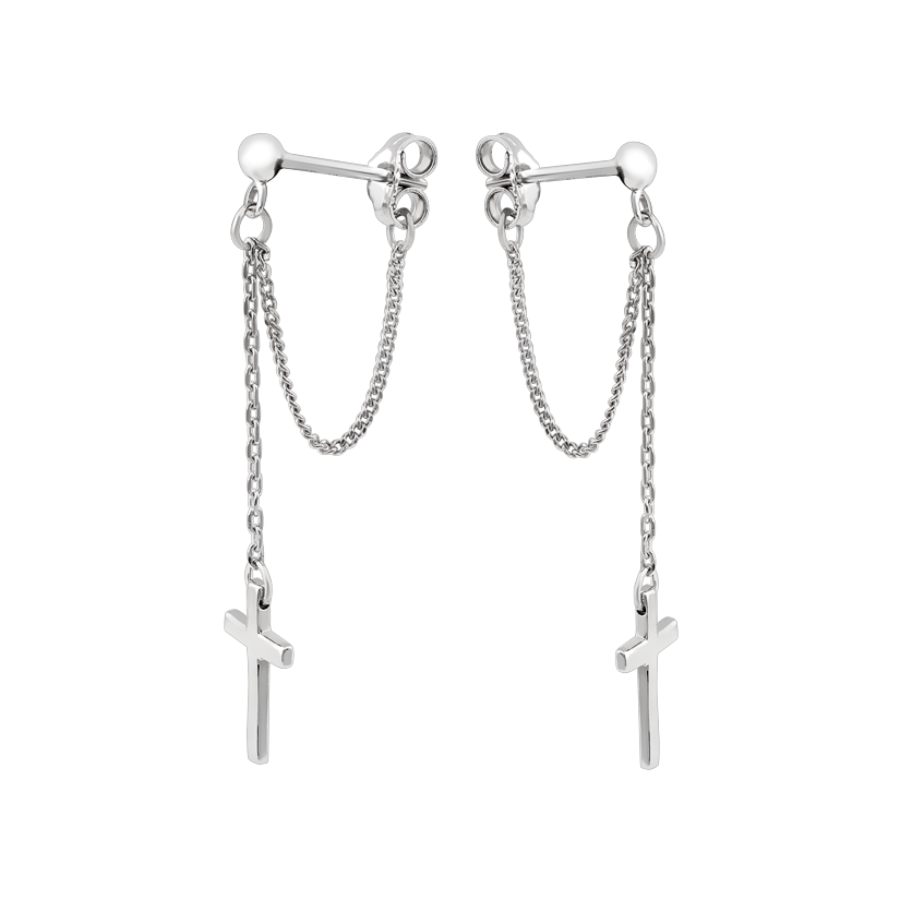 Серьги серебряные пусеты Крестики на цепочках