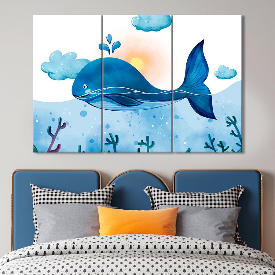 Картина в детскую комнату Красивый синий кит кашалот 156x100 см (A1393-3)