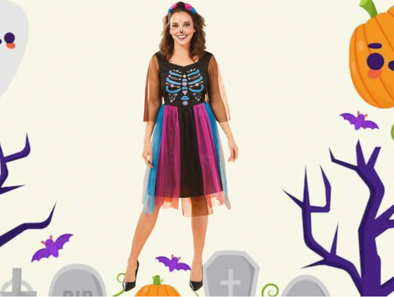 Костюм на Хэллоуин для девочки с обручем Скелет мексиканка М Разноцветный (523515) - фото 2