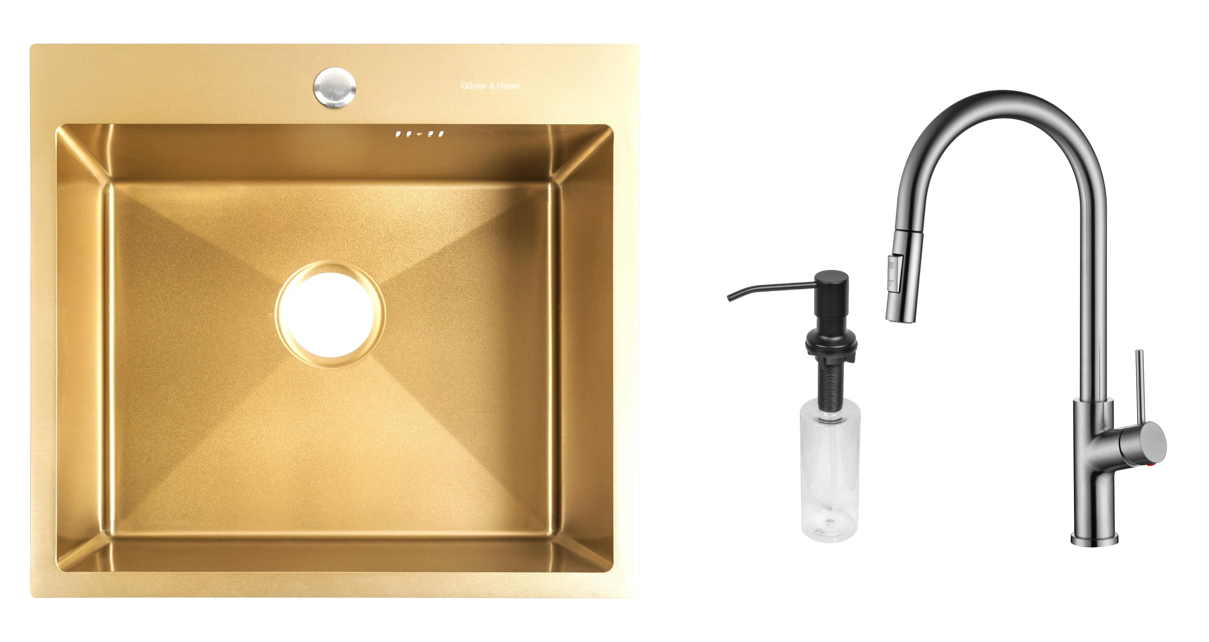 Комплект з кухонної мийки Gunter&Hauer Mindel 5522 Gold кухонного змішувача Gunter&Hauer MOND Br та дозатора Gunter&Hauer SOAP DISPENSER Black