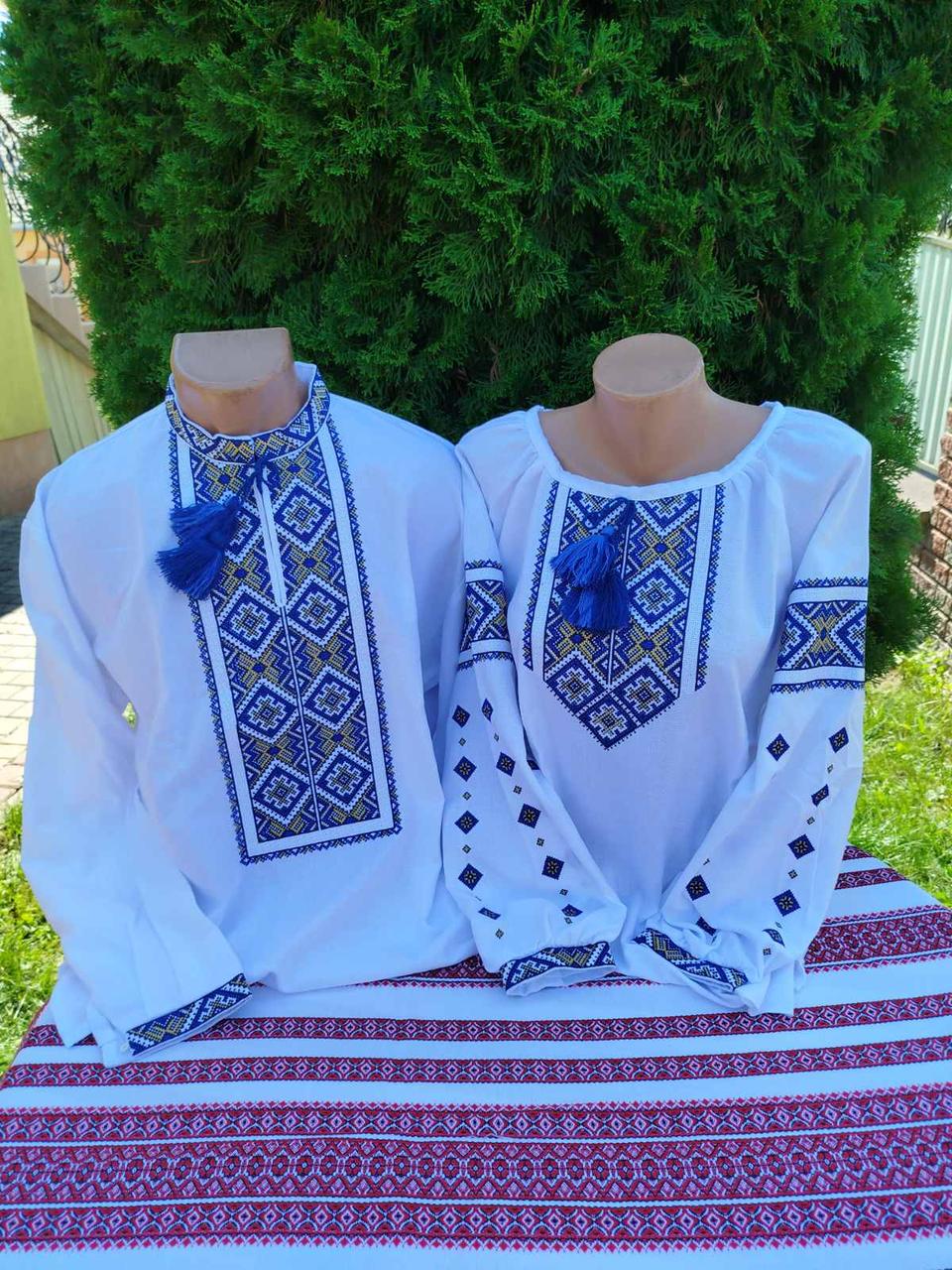 Вишиванка для пари Орнамент натуральному домотканому полотні р. 60 Білий/Синьо-золотий (2659004831)