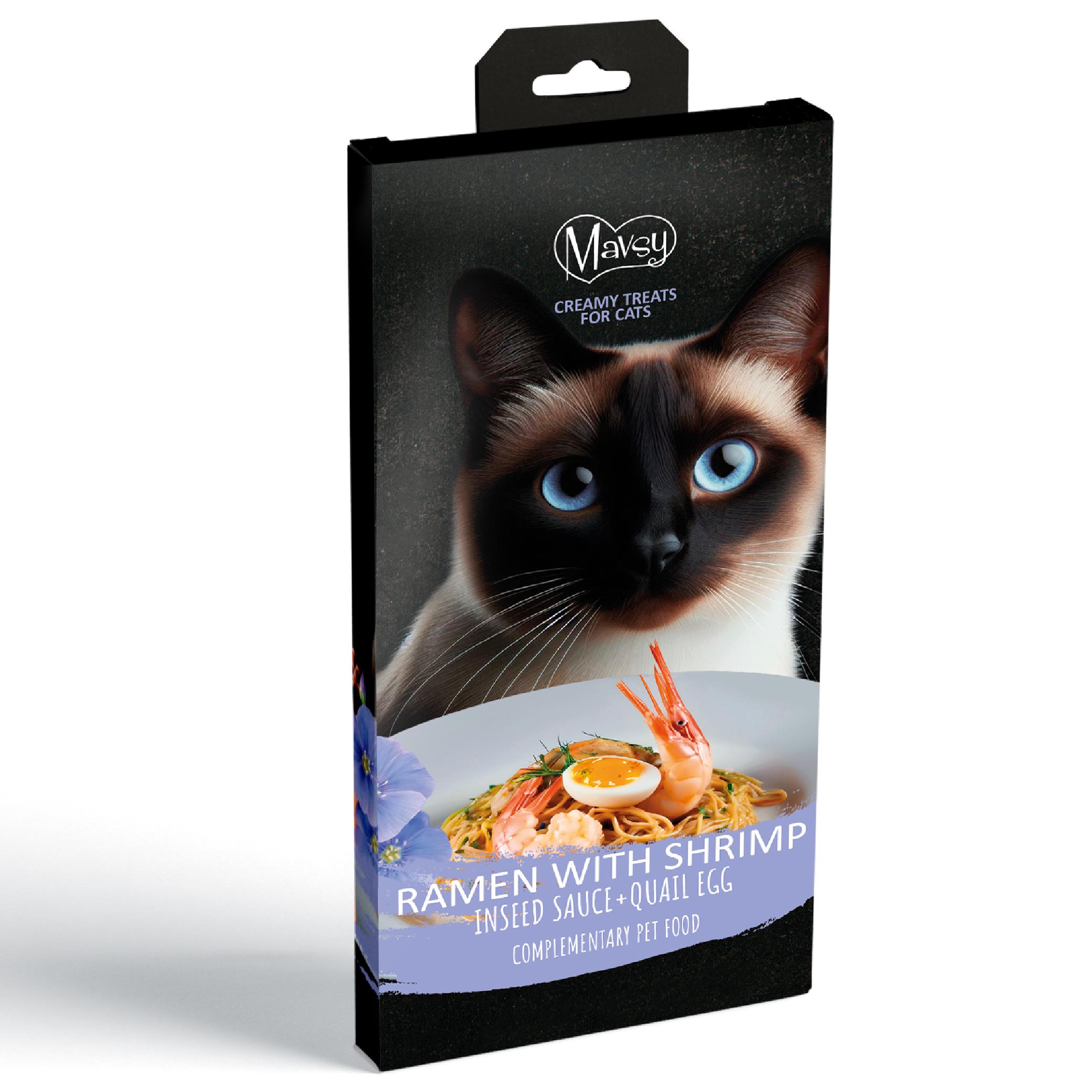 Ласощі для кішок Mavsy Creamy superfood RAMEN WITH SHRIMP IN LINSEED SAUCE AND QUAIL EGG 15 г 5 шт.