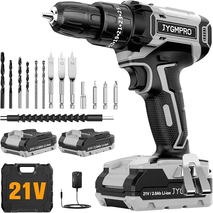 Шуруповерт аккумуляторный JYGMPRO 21 В с 2 аккумуляторами 2,0 Ач крутящий момент 42 Нм 10 мм патрон 14 аксессуаров (2899132338)