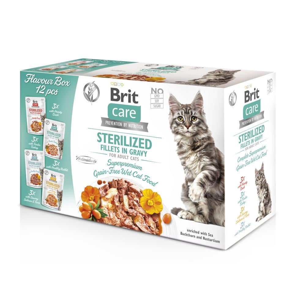Корм влажный Brit Fillets in Gravy Flavour box Sterilized для стерилизованных кошек филе в соусе набор вкусов 85 гх12 шт. г (34806790)