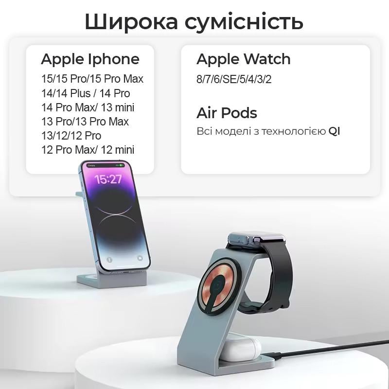 Підставка для телефона з бездротовою зарядкою MagSafe 3в1 для iPhone/Airpods/iWatch (CC-001) - фото 7