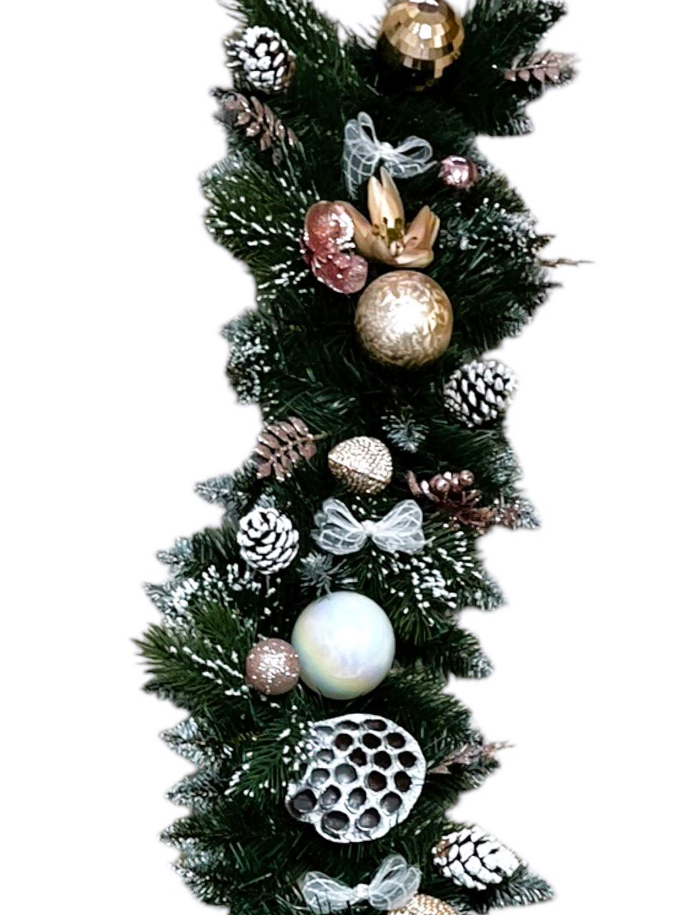 Гірлянда хвойна прикрашена кулями/засніженими шишками/квітами/бантамами 25 см Шампань 2 м (2024914485) - фото 3