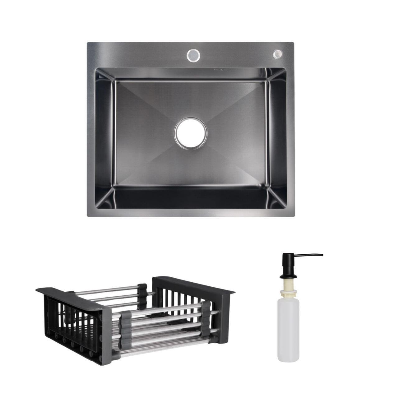 Комплект Lidz Handmade H6050B мийка для кухні інтегрована з дозатором та Lidz K01B кошик для сушки Black PVD