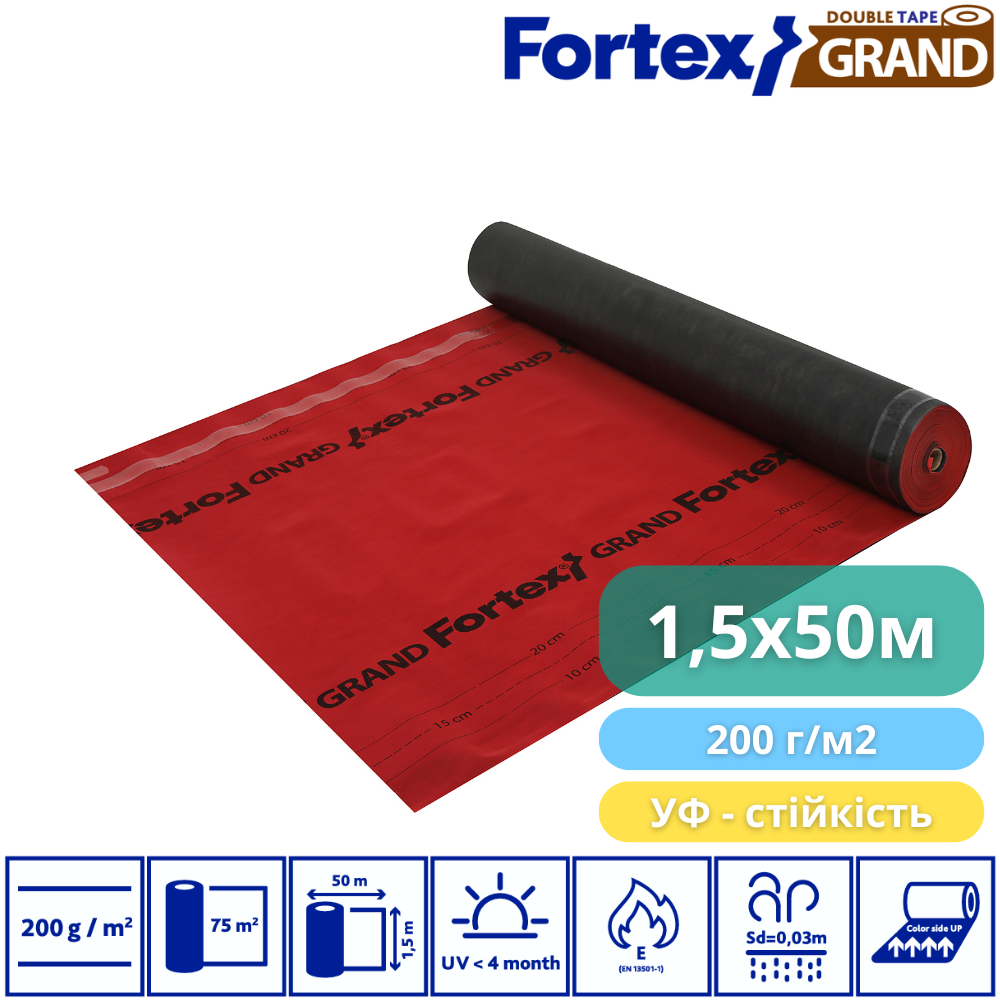 Мембрана дифузійна Fortex Grand 2 Tape 1,5x50 м 75 м2 200 г/м2 Червоний/Чорний (391097) - фото 2 Мембрана дифузійна Fortex Grand 2 Tape 1,5x50 м 75 м2 200 г/м2 Червоний/Чорний (391097) - фото 2