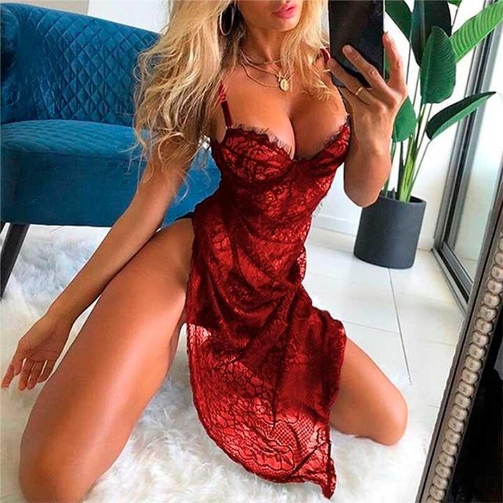 Пеньюар гіпюровий довгий з квітковим мереживом S/M Червоний (K0666-2)