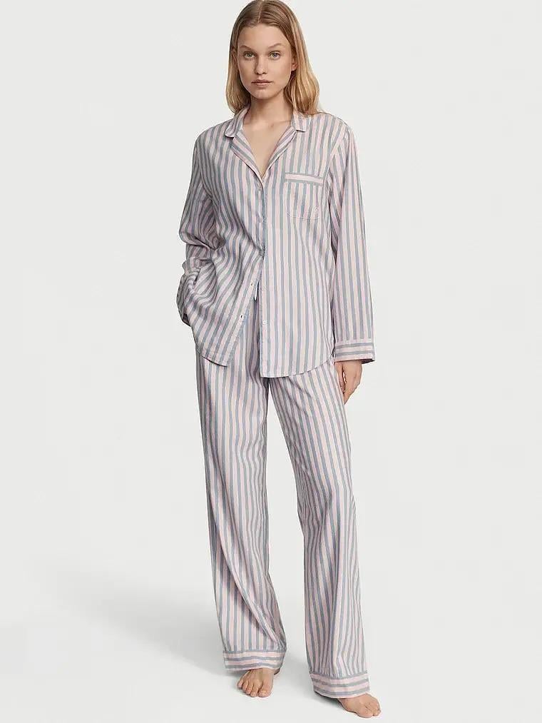 Піжама сорочка/штани фланель Victoria's Secret Long Pajama смужка Set XS Блакитний (26673658)