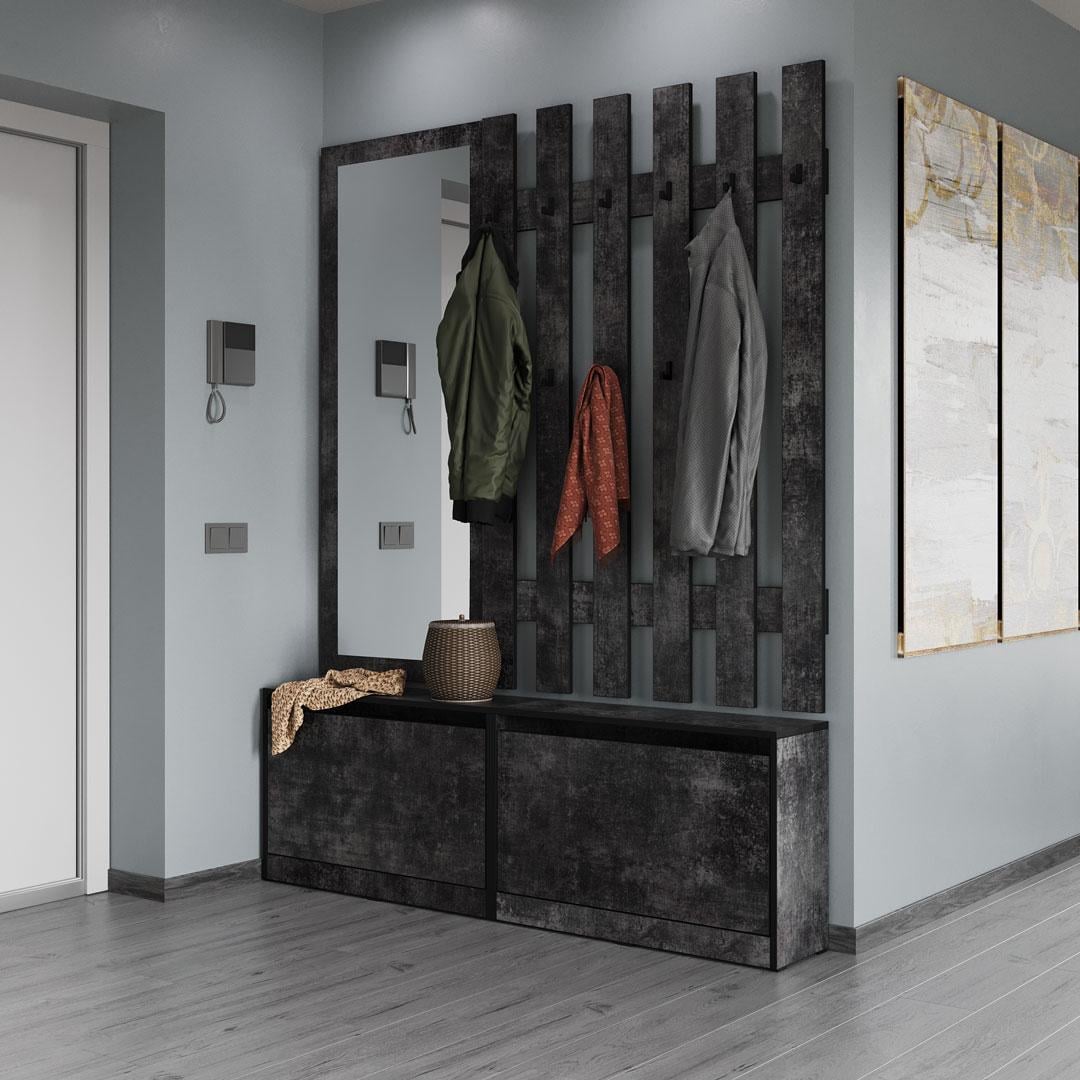 Передпокій Moreli KO-0006 з тумбою для взуття/дзеркалом та гачками для одягу 1600х2005х245 мм Бетон Темний (27688039)