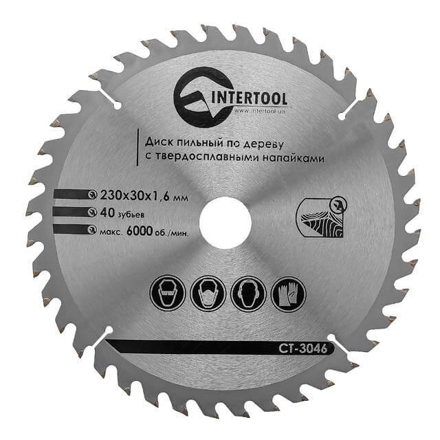 Диск пильный по древесине Intertool CT-3046 с твердосплавными напайками 230x30x1,6 мм 40 зубов 6000 об/мин (9757508) - фото 1