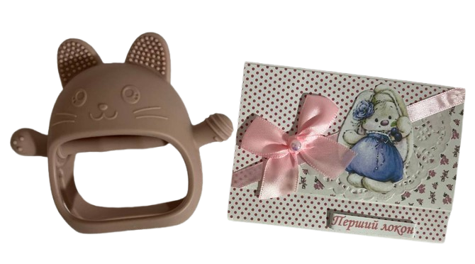 Набір листівка з відділенням Перший локон і гризунок для зубів на руку рукавичка Рожевий (1226)