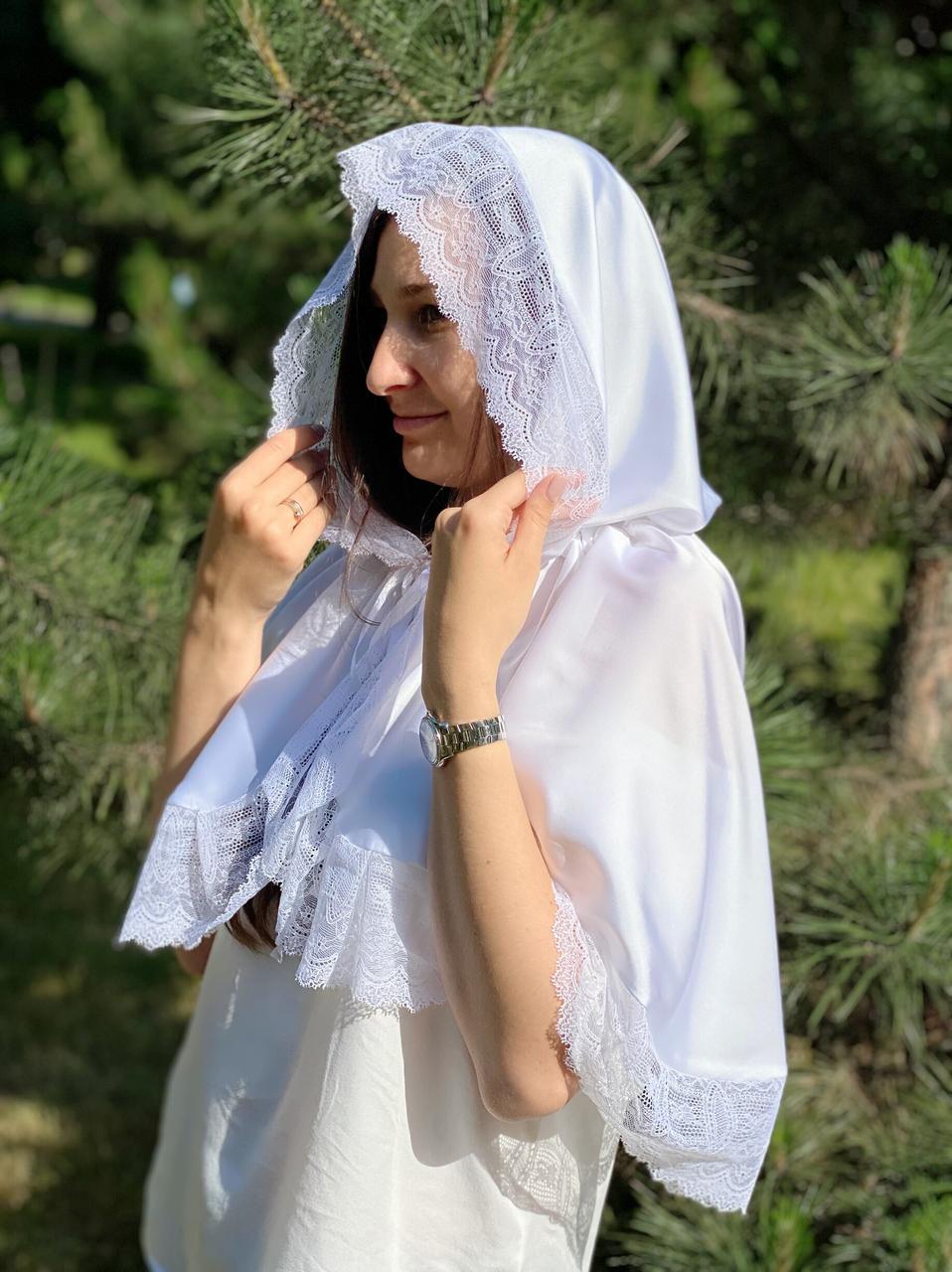 Палантин Нежность из атлас-шелка и кружева для храма/венчания/крестин Белый (2733169602)