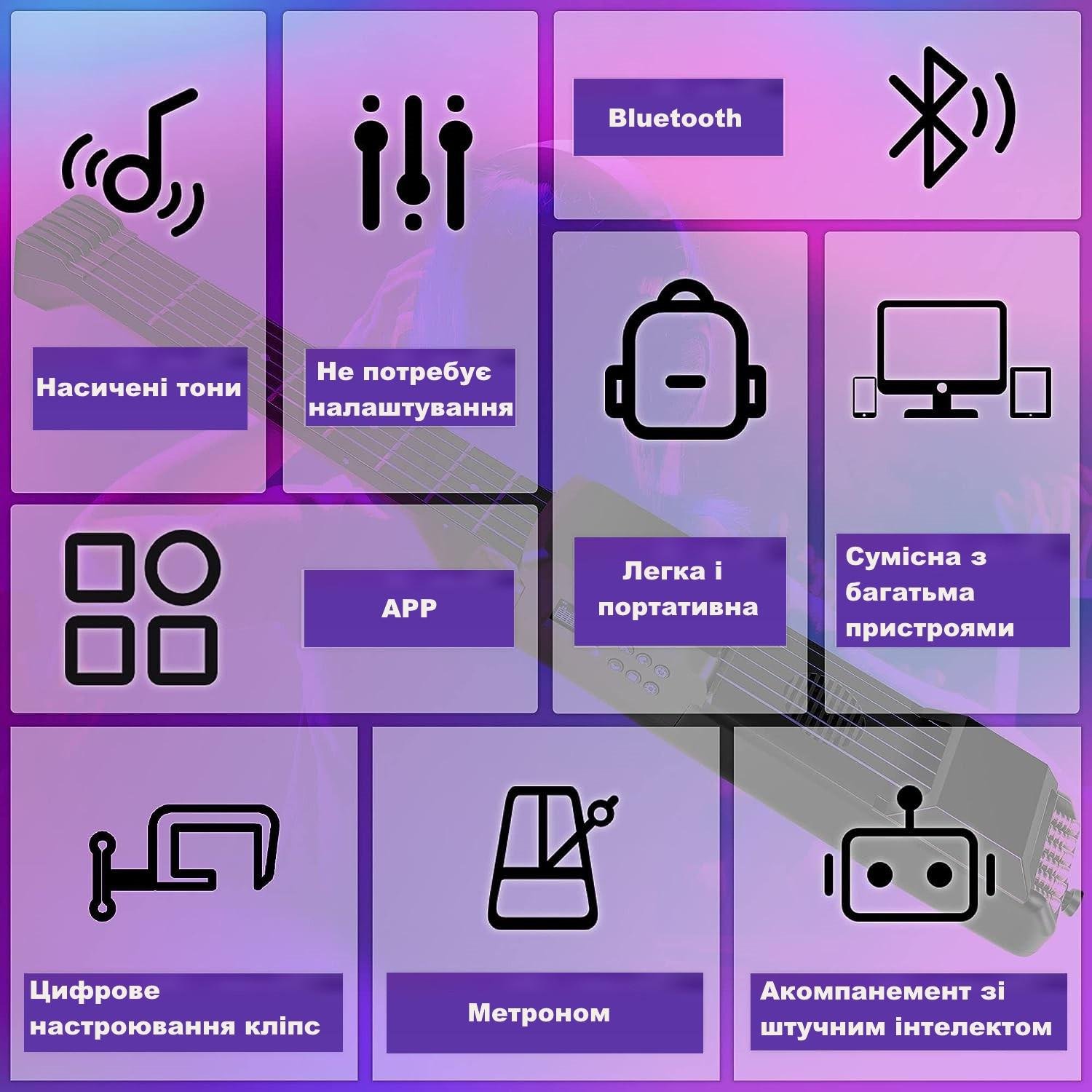 Смарт-гітара акумуляторна PEEL для початківців та дітей Чорний (12798795) - фото 5