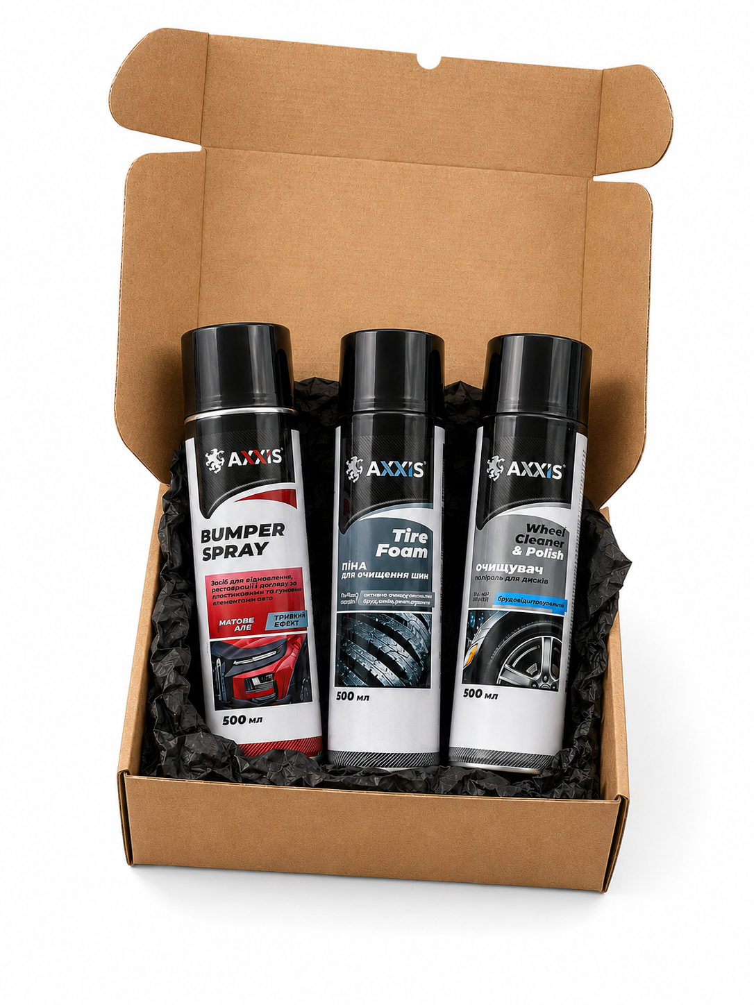 Подарочный набор автохимии AXXIS 3в1 для ухода за автомобилем Bumper Spray 500 мл/Tire Foam 500 мл/Wheel Cleaner & Polish 500 мл (5743-9016)