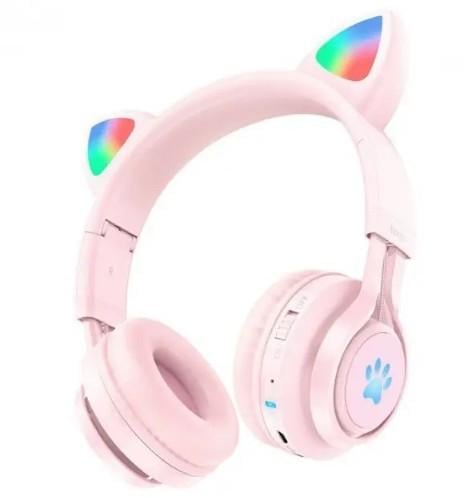 Наушники беспроводные Hoco W39 Cat EAR Kids с ушками детские с RGB подсветкой Розовый - фото 1