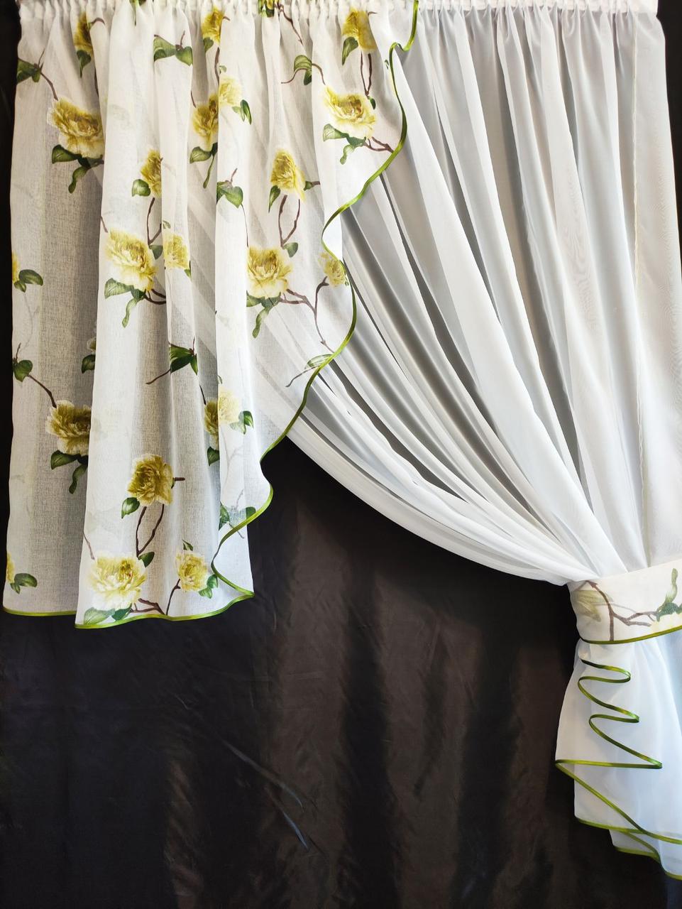 Занавеска кухонная Угол шифон с ламбрекеном батист 300х170 см Белый/Зеленый (ул-01)