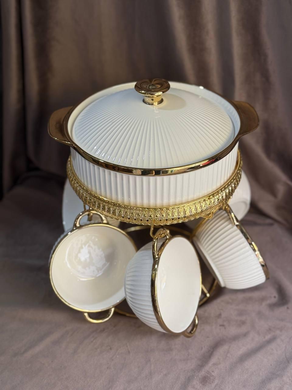 Сервиз суповый Yiwu ML151 из фарфора на металлической подставке 8 пр. 6 персон Белый с золотым (30059655) - фото 2