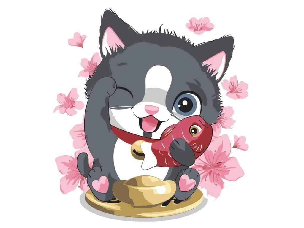 Картина по номерам Strateg Котик с рыбкой 30х30 см (ES081)