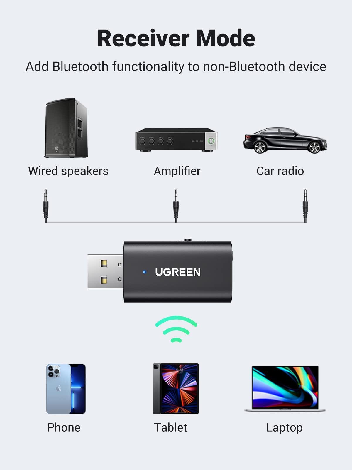 Адаптер UGREEN Bluetooth 5.1 приймач-передавач USB-3,5 мм minijack з мікрофоном AUX стерео Чорний (60300) - фото 3 Адаптер UGREEN Bluetooth 5.1 приймач-передавач USB-3,5 мм minijack з мікрофоном AUX стерео Чорний (60300) - фото 3