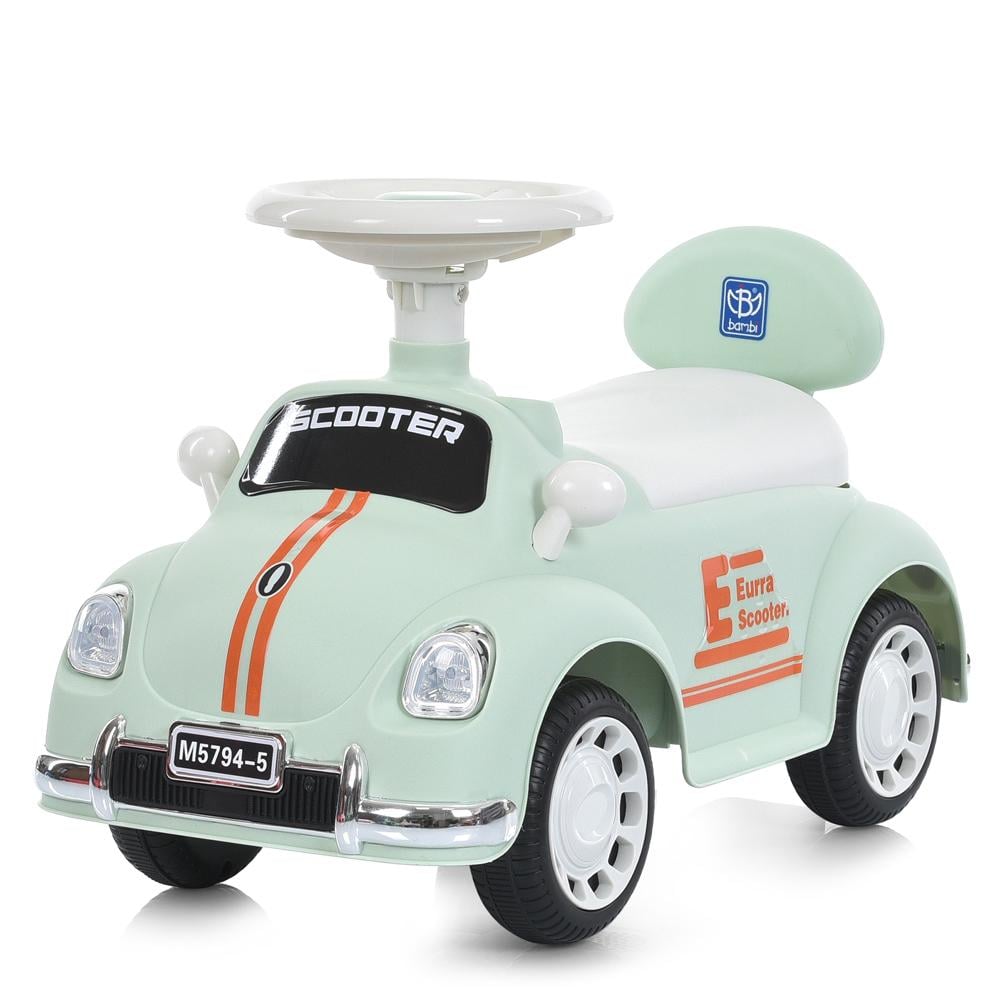 Каталка-толокар Bambi с музыкальными и световыми эффектами устойчивая с багажником Зеленый (27304014)