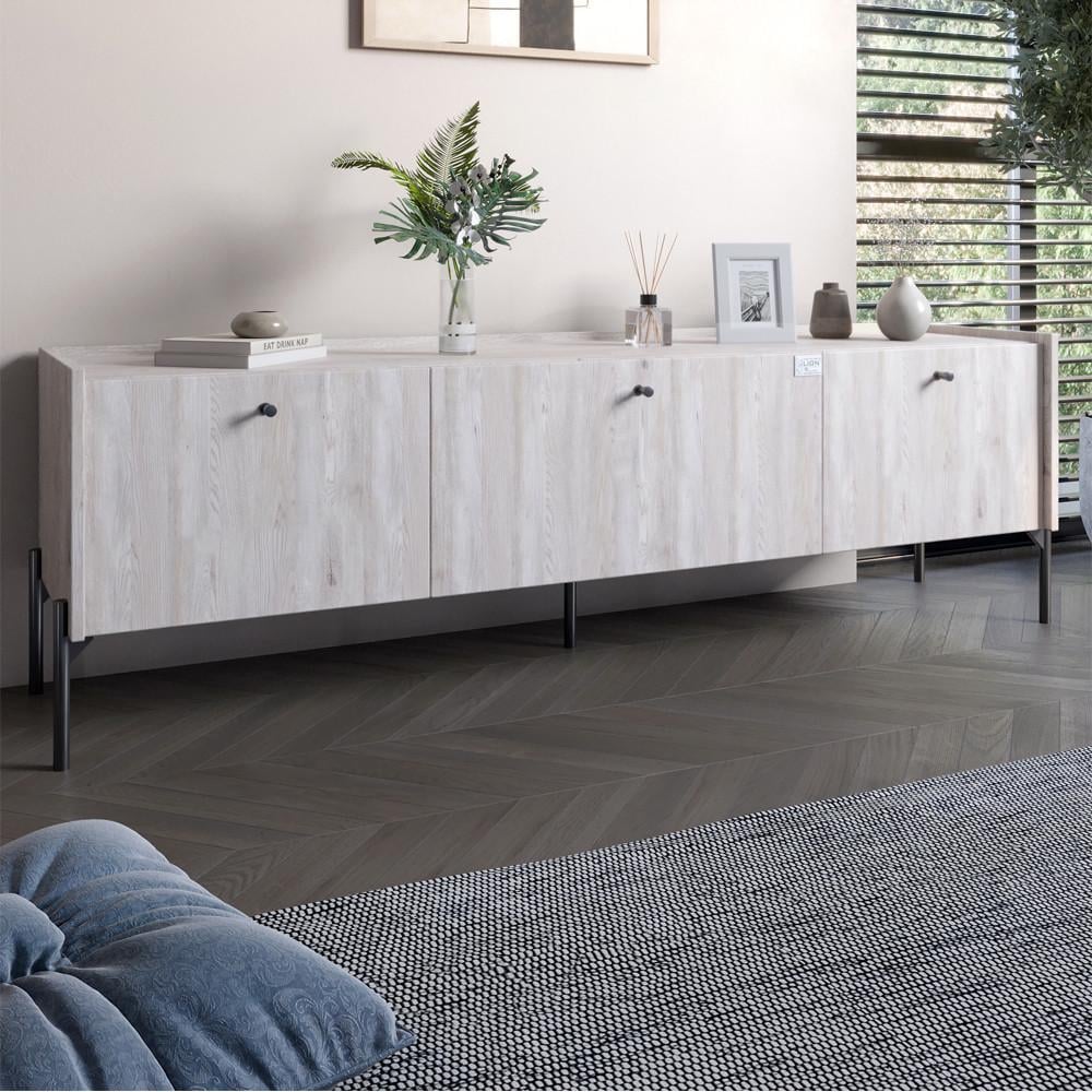 Тумба под телевизор на 3 ящика Lion Wood с черными ножками 160х65х40 см Самоа Дымчатый (Lion-043104)