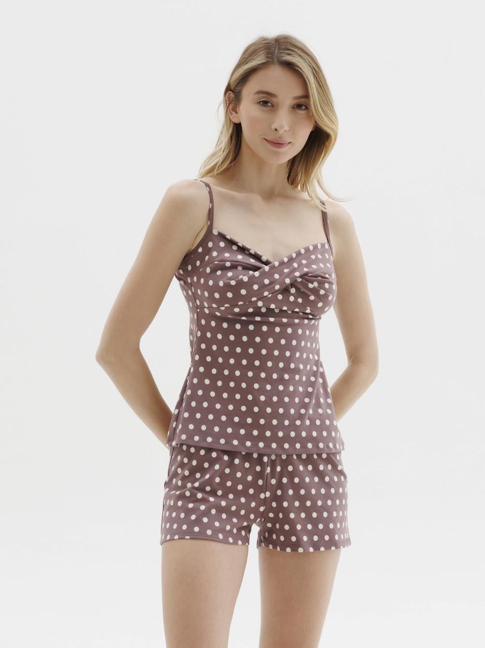Пижама женская Roksana майка на тонких бретелях/короткие шортики в горошек 3XL Коричневый (1449/16330)