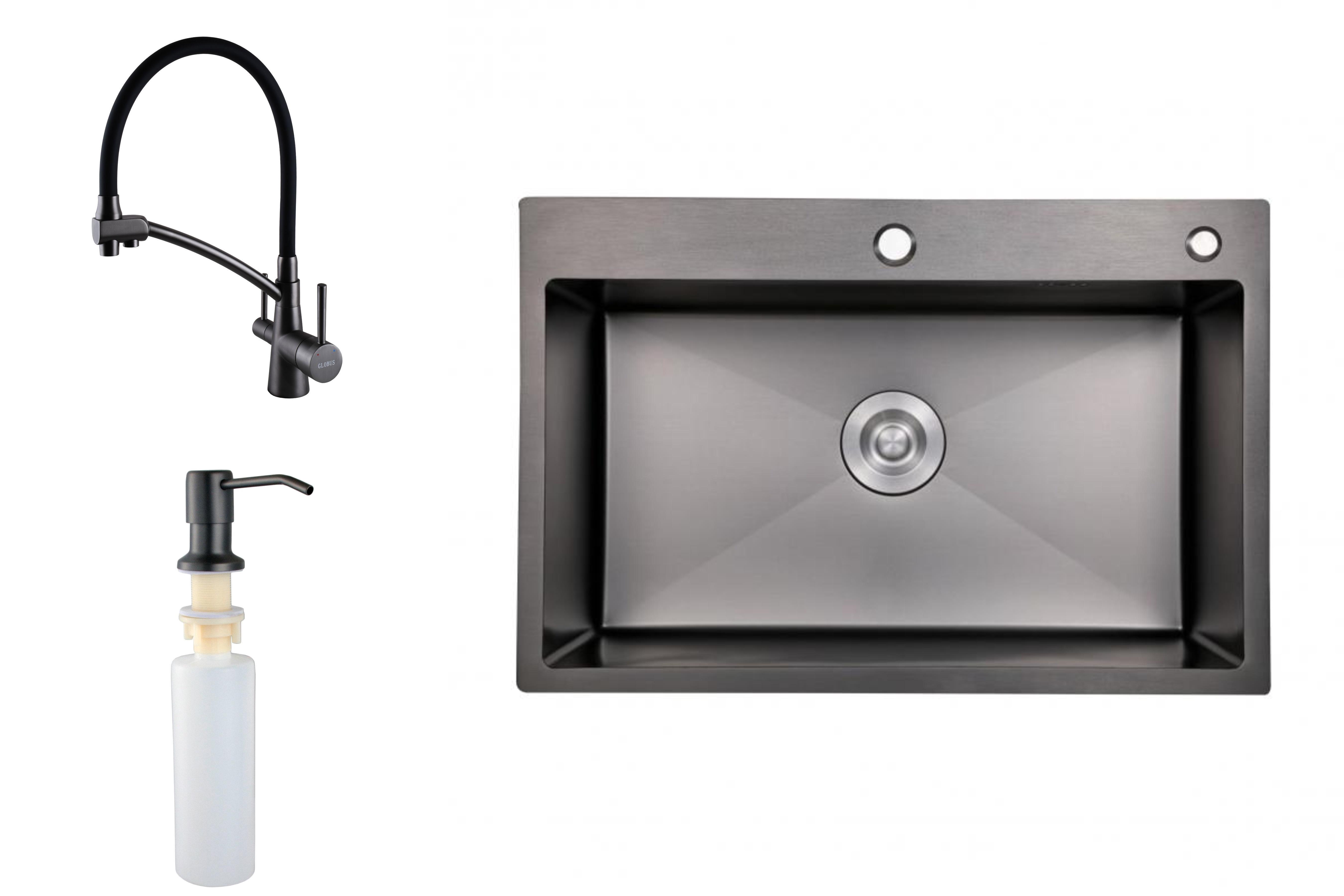 Мийка для кухні з нержавіючої сталі із змішувачем під осмос з дозатором 60х50 см Чорний (785247)