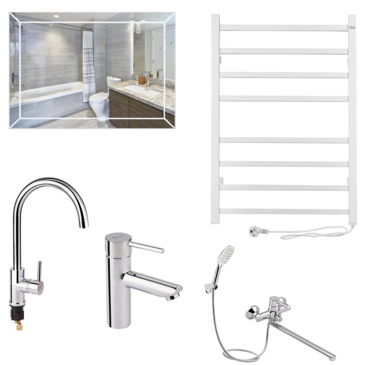 Набір Qtap 5в1 настінне дзеркало/рушникосушка/змішувач для ванни/змішувач для кухні/змішувач для умивальника