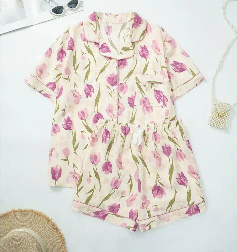 Піжама жіноча із шортами сорочка короткий рукав Тюльпани 914k XL Молочний (914)