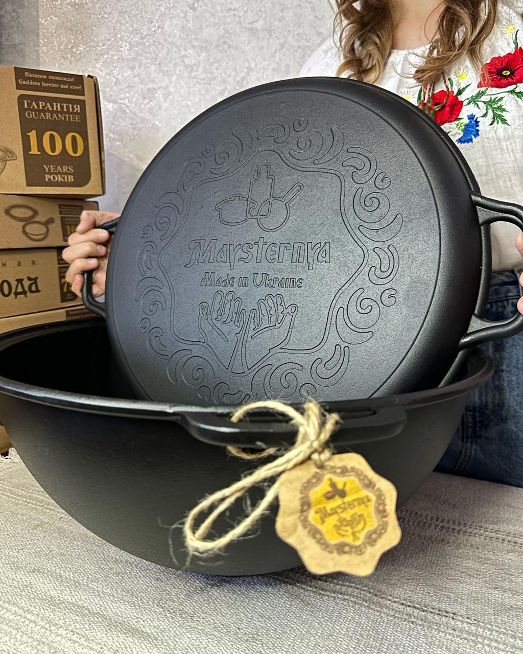 Казан чавунний Maysternya wok з кришкою-сковородою гриль з плоским дном 12 л (2565660354) - фото 9