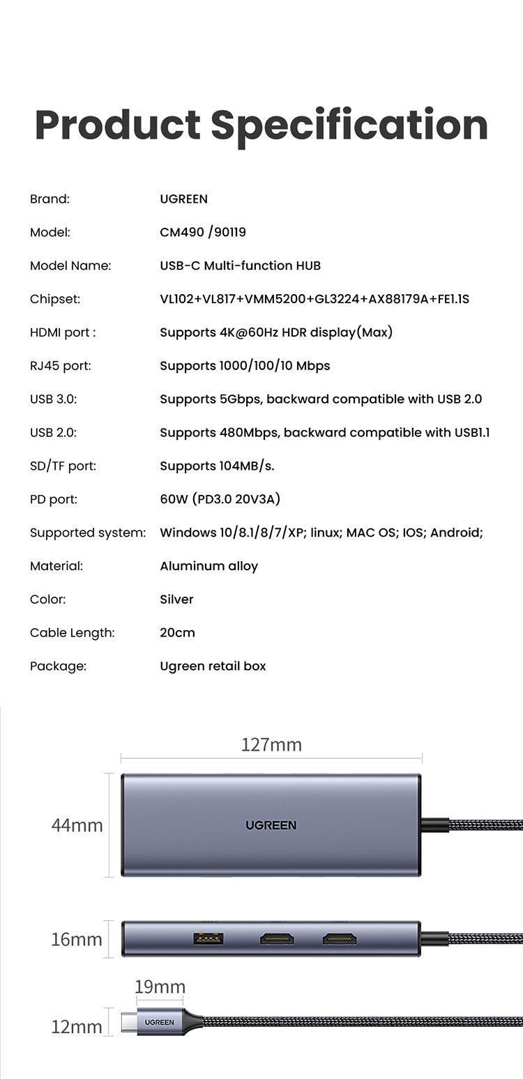 USB-хаб UGREEN Type-C-2x USB 3.0/5 Гбіт/с 2x HDMI 4K 60Hz/USB 2.0 480 Мбіт/с RJ45 1 Гбіт/с SD/TF карти Type-C PD 60W USB-C Сірий (90119) - фото 11 USB-хаб UGREEN Type-C-2x USB 3.0/5 Гбіт/с 2x HDMI 4K 60Hz/USB 2.0 480 Мбіт/с RJ45 1 Гбіт/с SD/TF карти Type-C PD 60W USB-C Сірий (90119) - фото 11