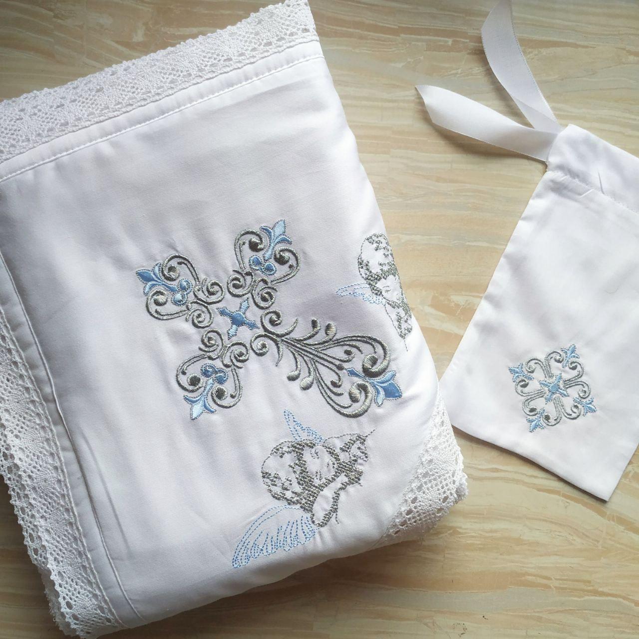 Набор для крещения именной Любовь ангелов с молитвой махровая крыжма/мешочки для локона и хранения (2178130200) - фото 3