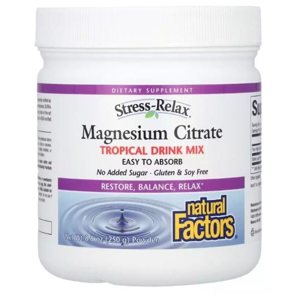 Мікроелемент Магній Natural Factors Stress-Relax Magnesium Citrate 250 г 75 servings Tropical drink mix (000022095)