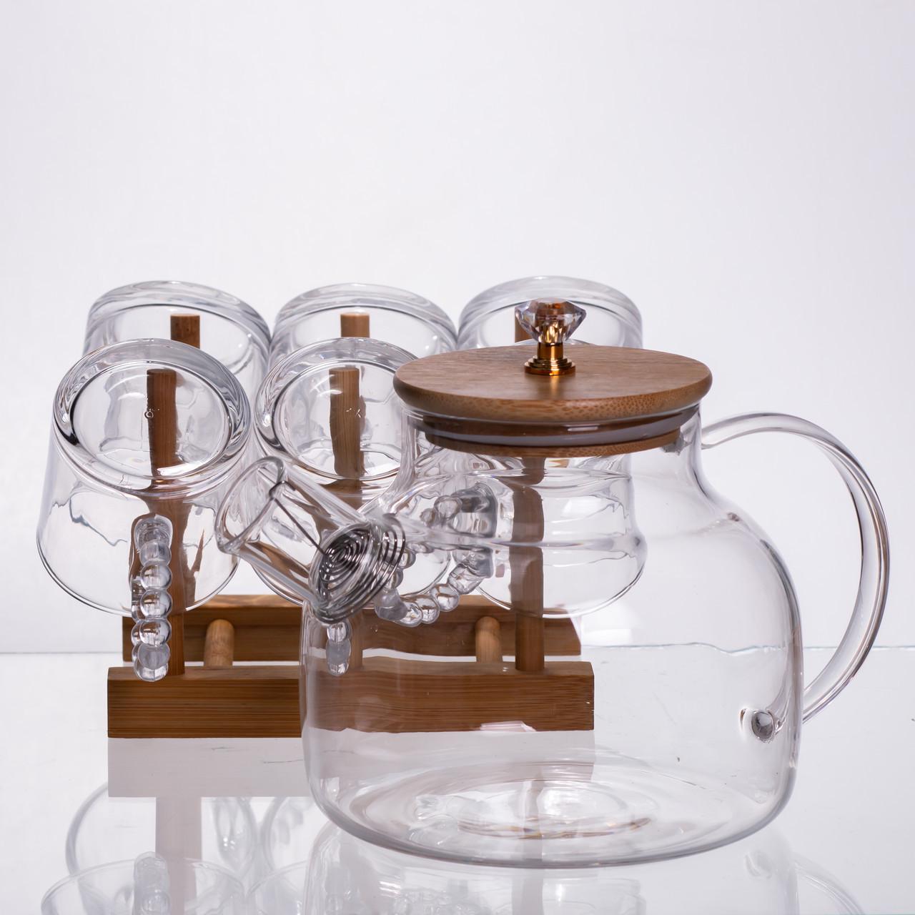 Чайний сервіз із товстого скла 8 предметів з бамбуковою підставкою для чашок (64486-23) - фото 5 Чайний сервіз із товстого скла 8 предметів з бамбуковою підставкою для чашок (64486-23) - фото 5