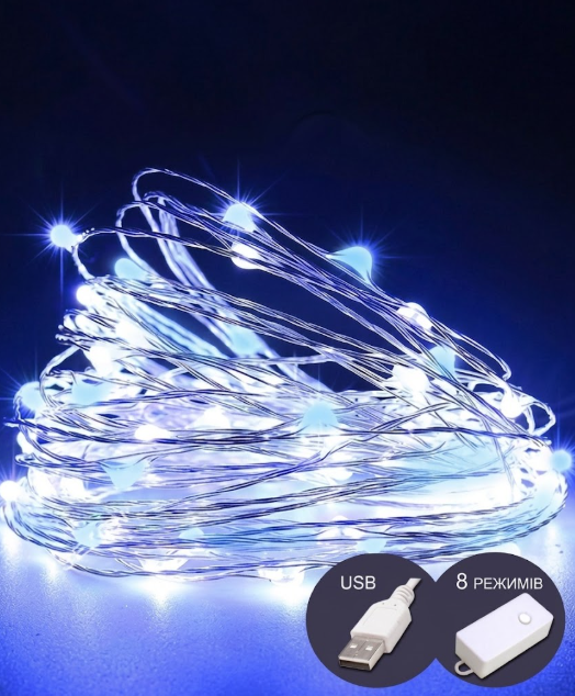 Гирлянда Роса 300 LED 30 м реле 8 режимов/USB и пульт Сине-белый (FFJ00158)