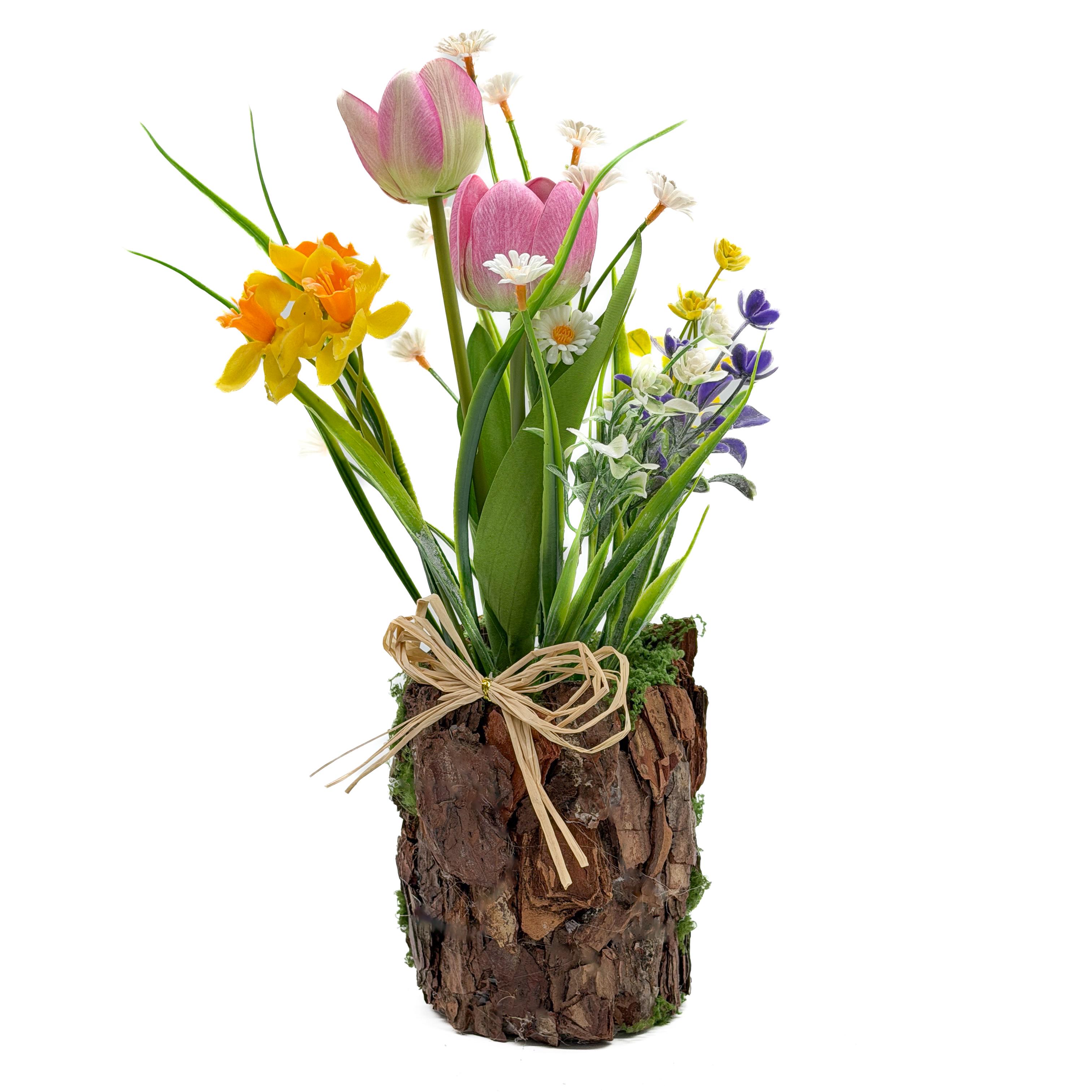 Композиція GALA DECOR в кашпо з натуральної кори з квітами 30 см