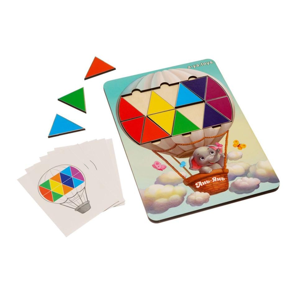 Мозаїка дерев'яна Слоненя на повітряній кулі 23х16 см Ubumblebees з картками завдань (ID-180-D-387)